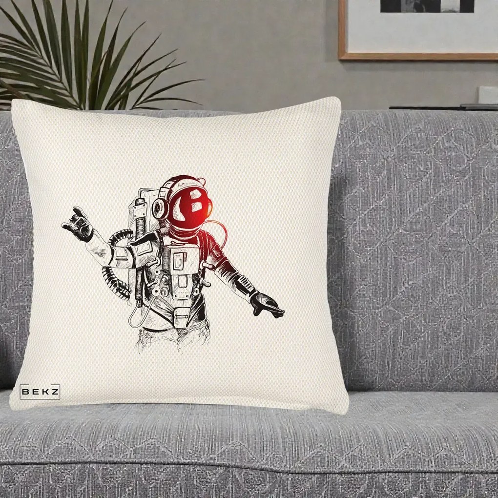 Perna Decorativa Astronaut Rock Sketching, 40x40 cm, Crem Reliefat, Husa Detasabila, Perna Inclusa, BEKZ®