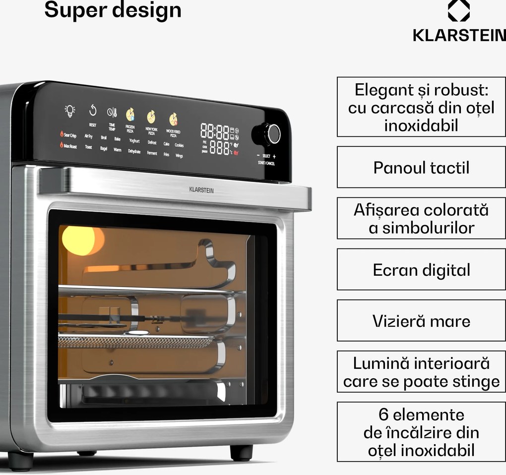 Klarstein AirGlaze Digital friteuză digitală cu aer cald, 2200 W, 19 programe, inclusiv accesorii lavabile în mașina de spălat vase