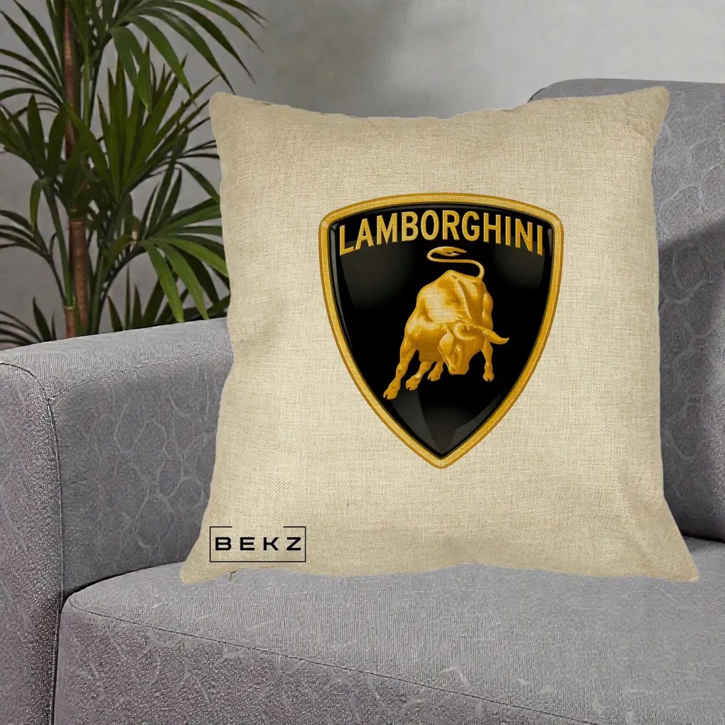 Perna Personalizata cu emblema Lamborghini, 40x40 cm, Crem, Husa Detasabila, Perna Inclusa, BEKZ®