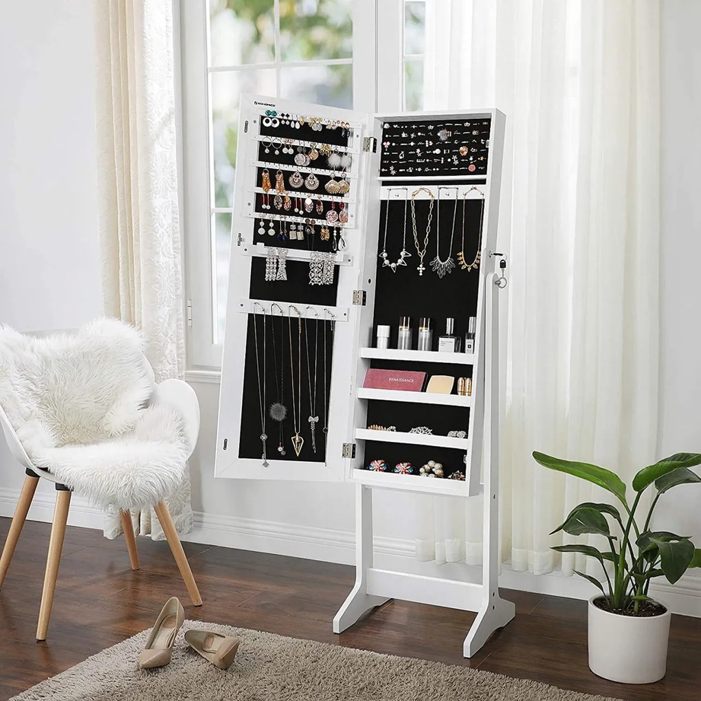 Dulap bijurerii cu oglinda, Songmics, Alb, 151.5x41x36.5 cm