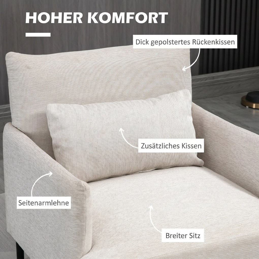 Scaun de Efect din Panza, Fotoliu, Fotoliu Modern pentru Camera de Zi cu Picioare din Otel si Perne pentru Dormitor, Alb crem; HOMCOM | Aosom RO