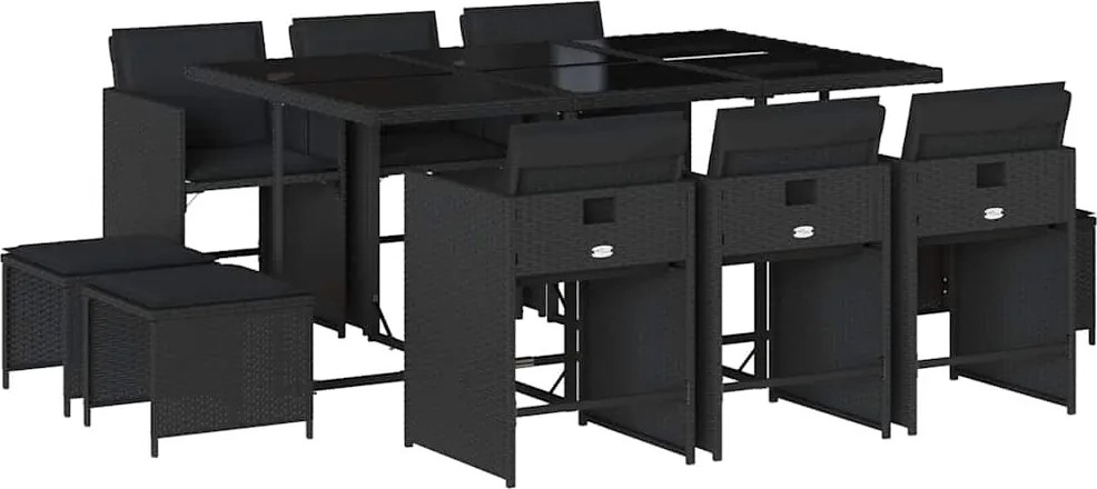 vidaXL Set mobilier de exterior cu perne, 11 piese, negru, poliratan