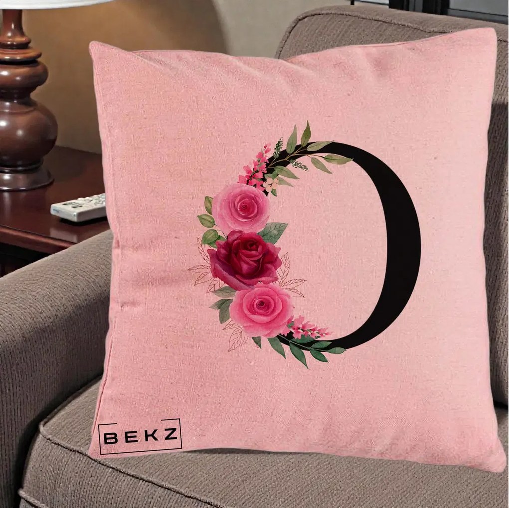 Cadou Personalizat - Perna Personalizata Monograma Florala Litera O, 40x40 cm, Roz, Husa Detasabila, Perna Inclusa, BEKZ®