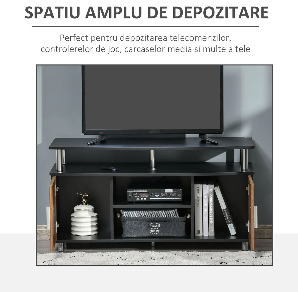 Mobilier TV cu 2 Rafturi si 2 Dulapioare din PAL, Picioare rotunde din Otel, sustine maxim 80kg, Negru-Maro 105x40x55cm HOMCOM | Aosom Romania