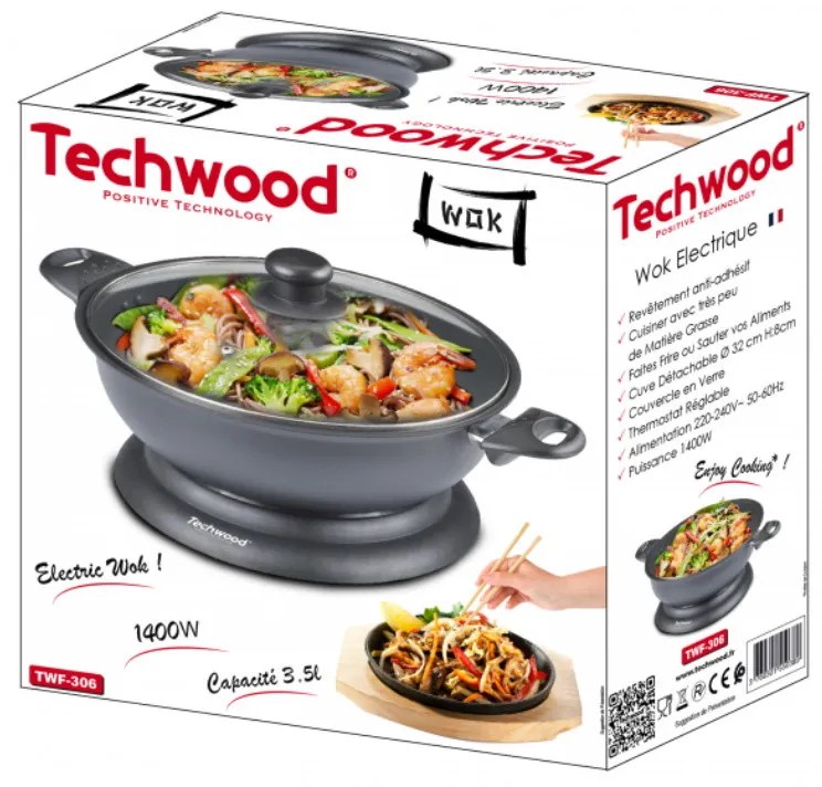 Wok electric Techwood TWF-306, 1400W, 3.6 l, 32x8 cm, Capac din sticla, Termostat, Acoperire antiaderenta, Gri