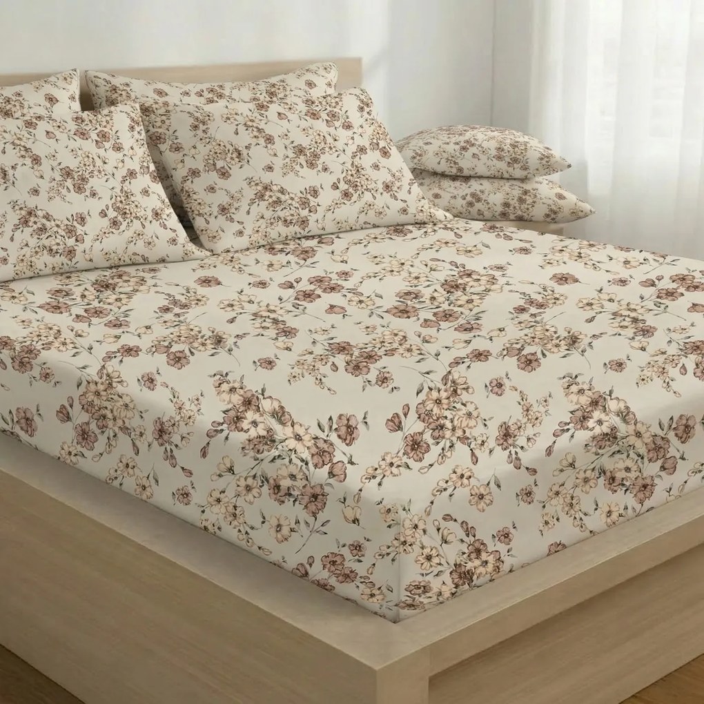 Cearșaf de pat din bumbac cu elastic Kvalitex Flori, bej, 100 x 200 cm, 100 x 200 cm