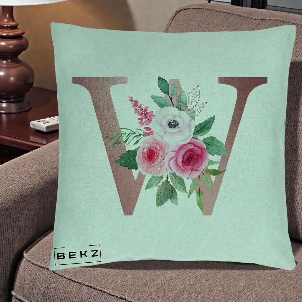Cadou Personalizat - Perna Personalizata Monograma Rose Gold Litera W cu Trandafiri si Anemona, 40x40 cm, Verde Menta, Husa Detasabila, Perna Inclusa, BEKZ®