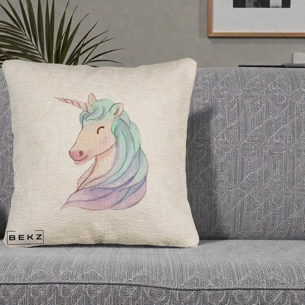 Perna Decorativa Unicorn Acuarela Pastel, 40x40 cm, Bej Canapea, Husa Detasabila, Perna Inclusa, BEKZ®