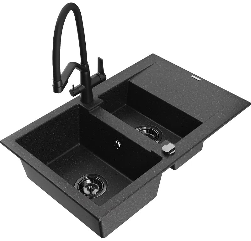 Mexen Gaspar chiuvetă de bucătărie granit 1,5 camere cu scurgător și baterie Duo, negru/argintiu - 6507-73-671701-70-B