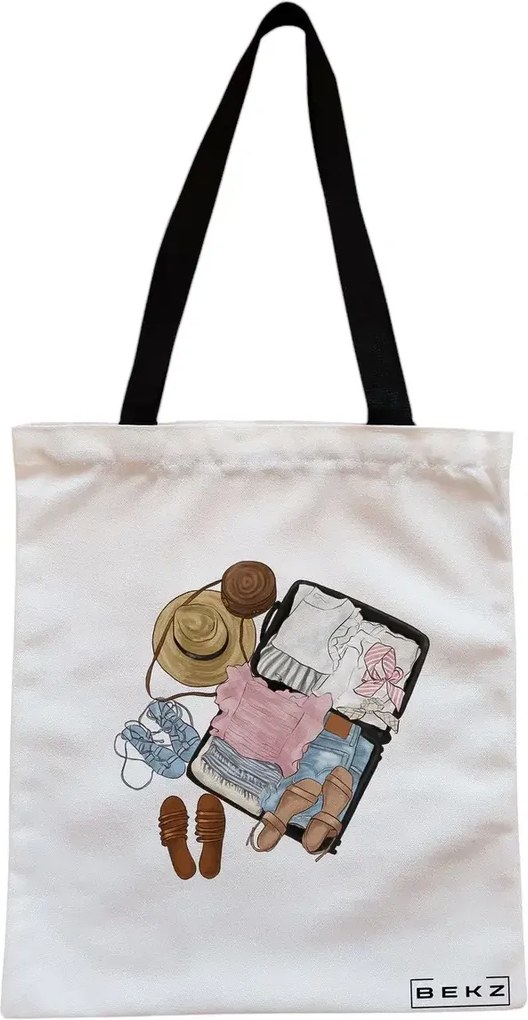 Sacosa de Panza pentru Cumparaturi, Geanta Tote, Travel Girl 10, Cu fermoar, 38x34.5 cm, Alba, BEKZ®