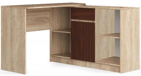 Birou calculator pe colt, placa laminata, 1 sertar, 6 rafturi, stejar si wenge, 120x126x79/77 cm