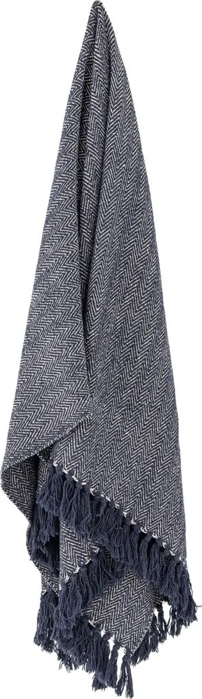 Patura din bumbac reciclat, albastru, model în spic în tonuri natur, franjuri decorative, finisaj țesut, 160 x 130 cm, „Herringbone”