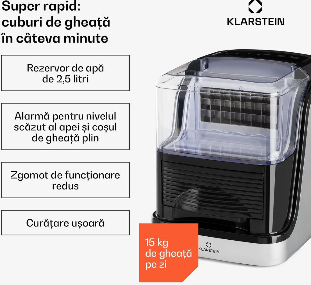 Klarstein Mașină de gheață Kristall pentru cuburi de gheață, 2 dimensiuni, rezervor apă 2,5l