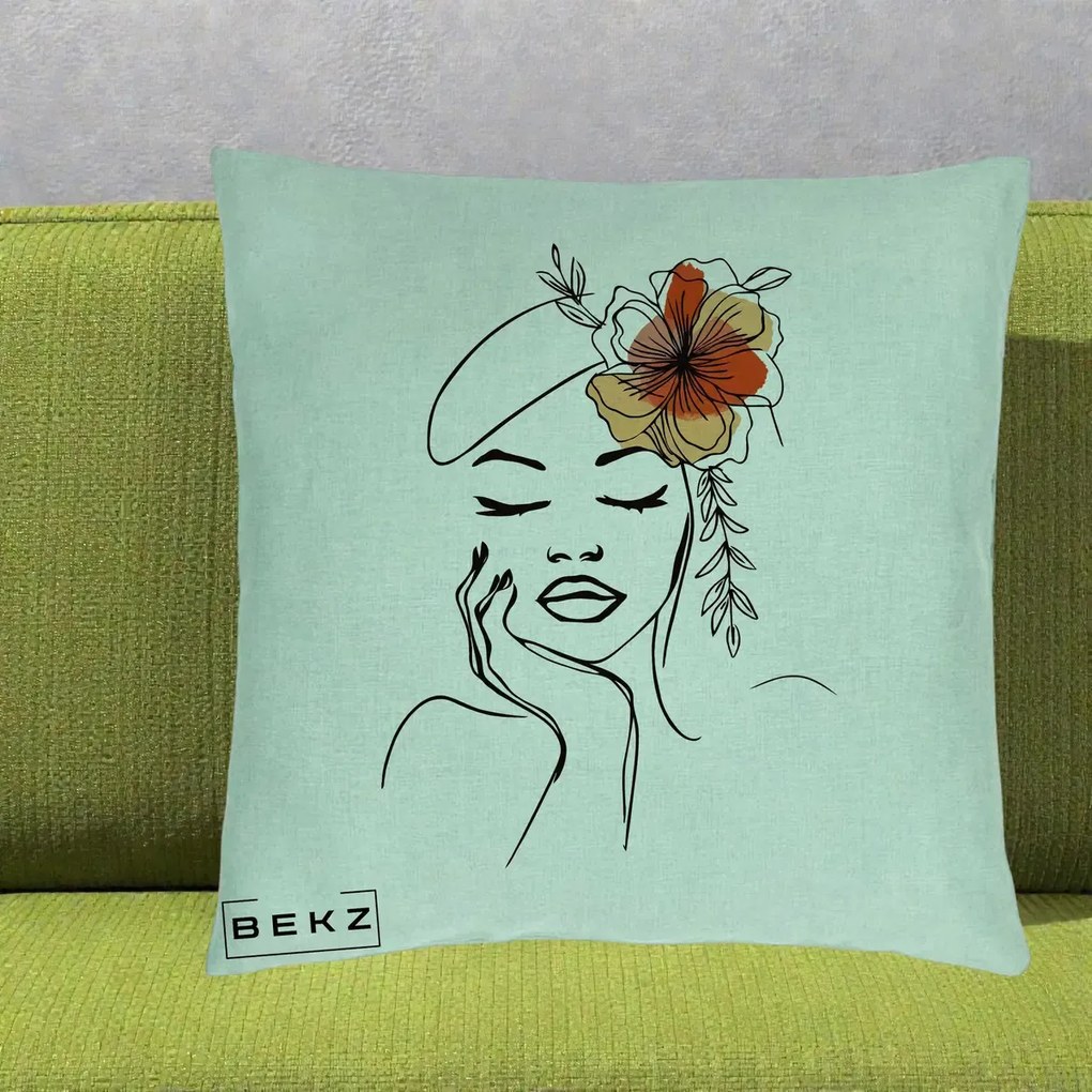Perna Decorativa Portret Feminin Flori Palarie, 40x40 cm, Verde Menta, Husa Detasabila, Perna Inclusa, BEKZ®