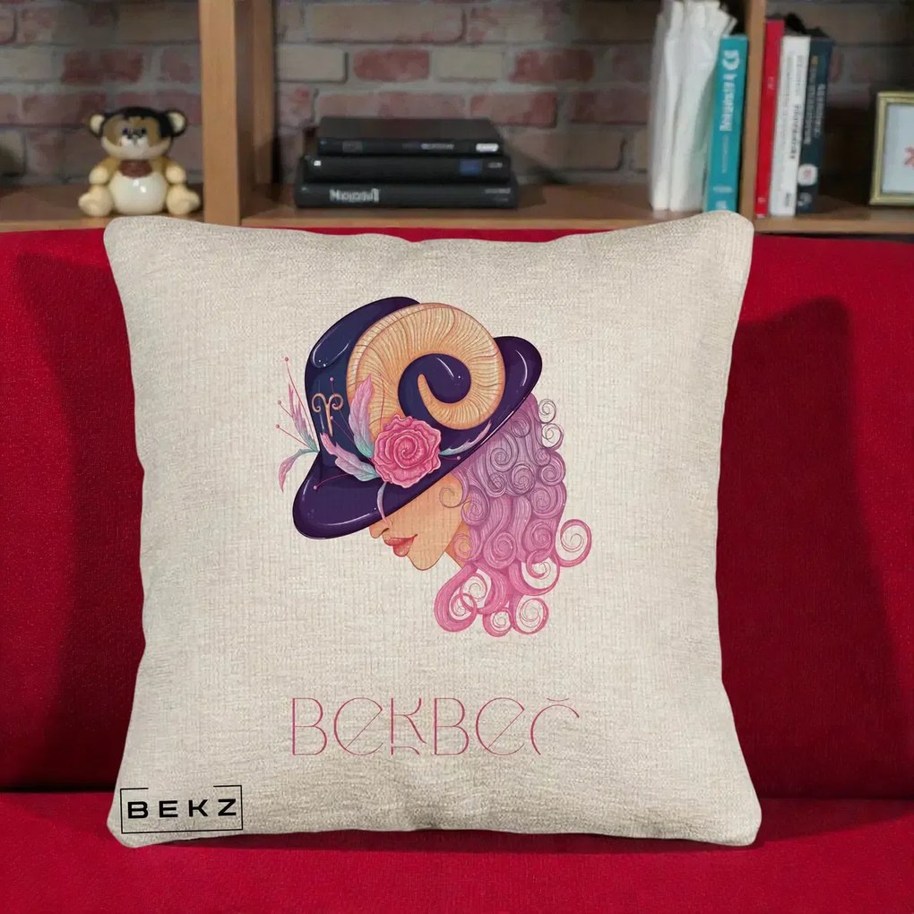 Perna Personalizata Zodie Berbec, 40x40 cm, Bej Canapea, Husa Detasabila, Perna Inclusa, BEKZ®
