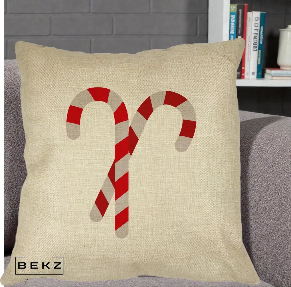 Perna Decorativa Candy Cane de Craciun, 40x40 cm, Crem, Husa Detasabila, Perna Inclusa, BEKZ®