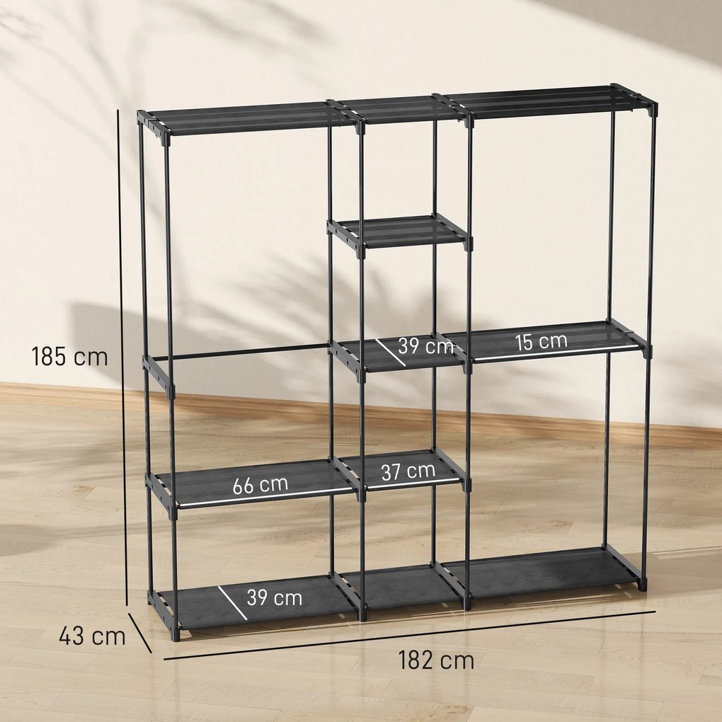 HOMCOM Dulap Garderobă din Material Textil cu 8 Rafturi și 3 Bare pentru Agățat, 182x43x185 cm, Negru | Aosom Romania