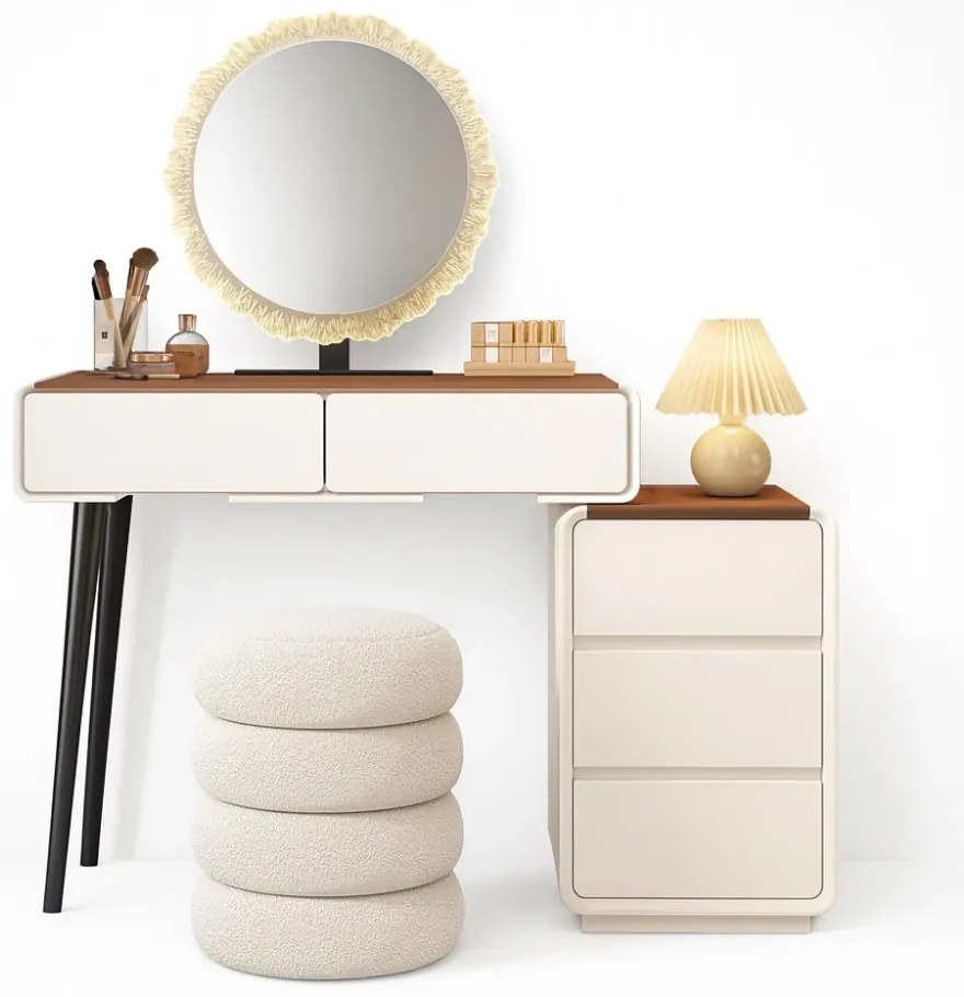 Set EMILY, Masă de toaletă pentru machiaj cu oglindă iluminată LED, în trei culori, intensitate reglabilă, control touch, comoda, taburet, 80 cm, Alb