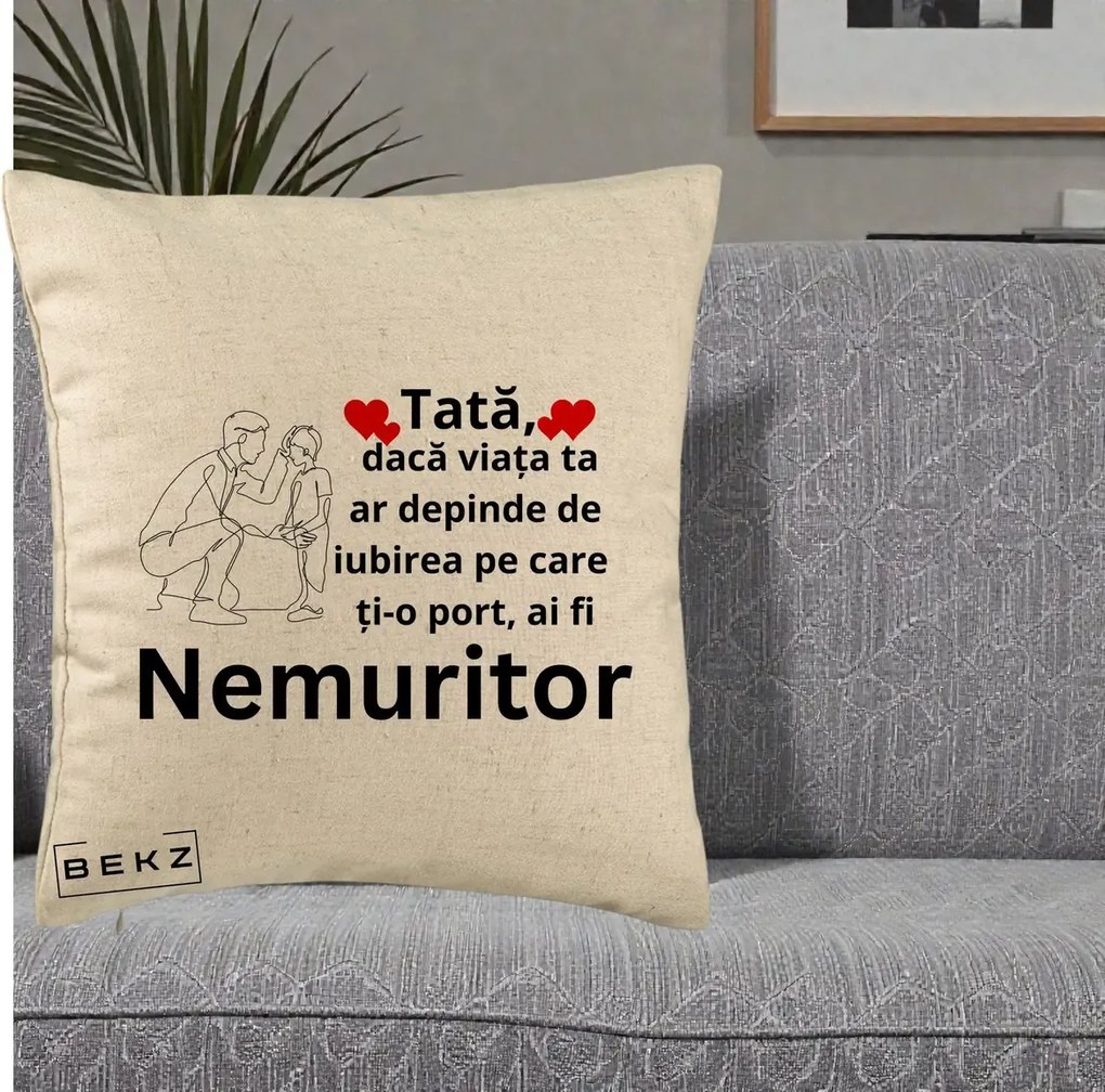 Cadou pentru Tata - Perna Personalizata Tata Nemuritor Baietel, 40x40 cm, Bej, Husa Detasabila, Perna Inclusa, BEKZ®