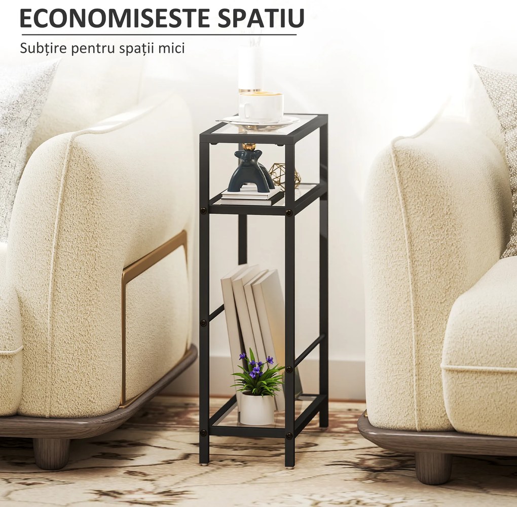 HOMCOM Măsuță de Cafea cu 3 Rafturi din Sticlă și Oțel 40x18x62 cm Negru | Aosom Romania