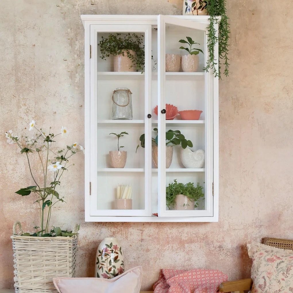 Vitrina alba, de perete, din lemn masiv si furnir, cu 2 usi si 3 rafturi, aspect rustic, Marseille