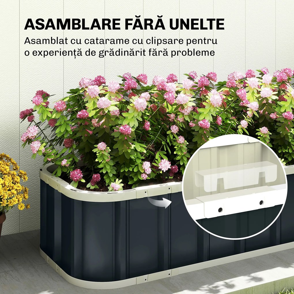 Outsunny Pat Ridicat de Grădină pentru Exterior cu Bază Deschisă, Mănuși, Margini Pliate, Ghiveci în Oțel Galvanizat pentru Plante, Flori, Legume Balcon Grădină, 136x52x31 cm, Gri Închis | Aosom Romania
