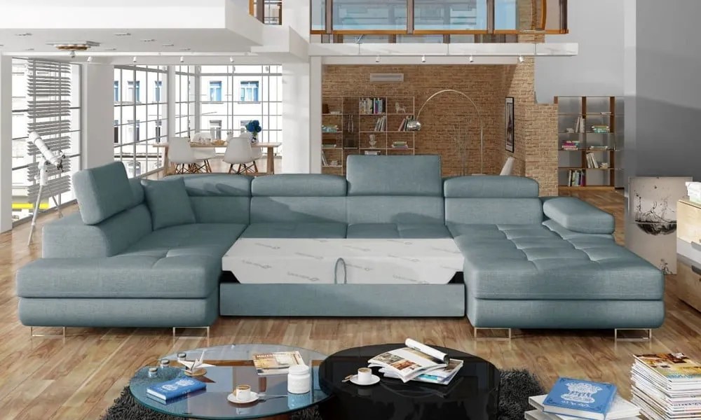 Colțar albastru deschis extensibil/cu spațiu de depozitare (cu colț pe partea stângă/în formă de "U") Rodrigo – ELTAP