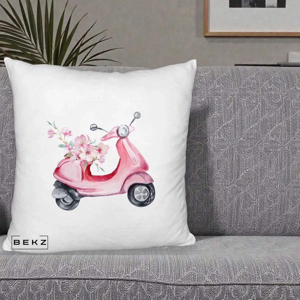 Perna Decorativa Scuter Roz cu Flori Acuarela, 40x40 cm, Alb Pufos, Husa Detasabila, Perna Inclusa, BEKZ®