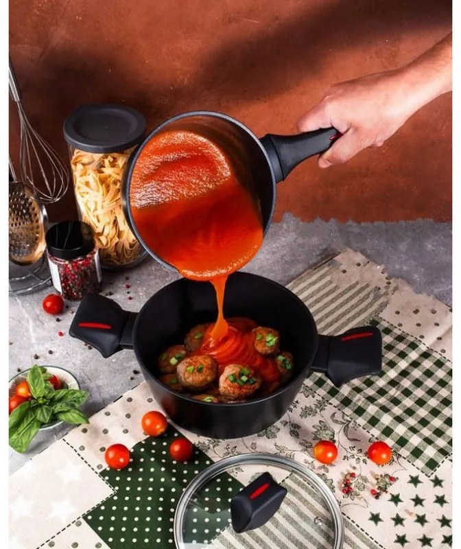 Caserolă cu capac Royalty Line RL-FSN20, 20 cm, 2.1 l, finisaj granit, inducție, negru