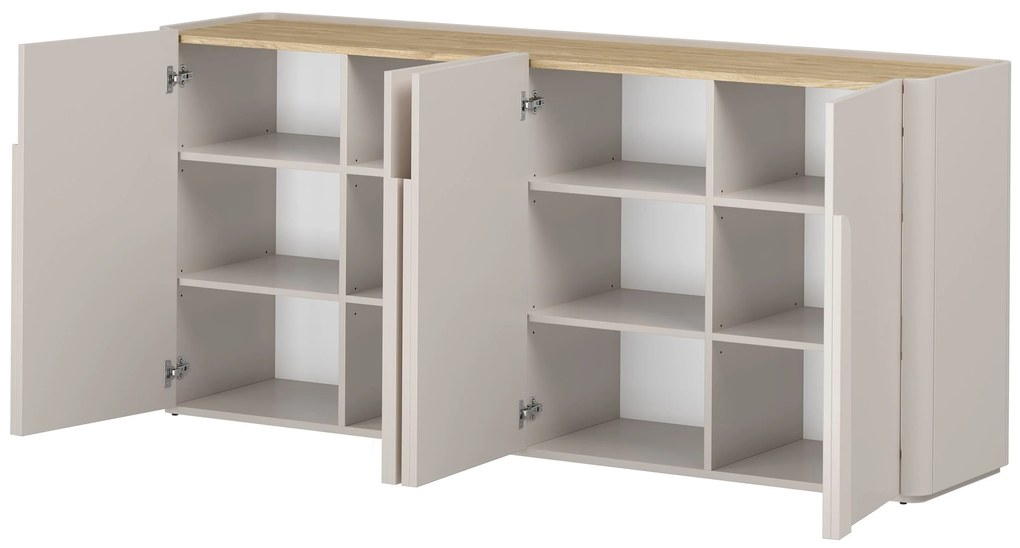 Comodă cu patru uși Amilio 200 cm - cașmir / stejar uleiat / mânere cașmir