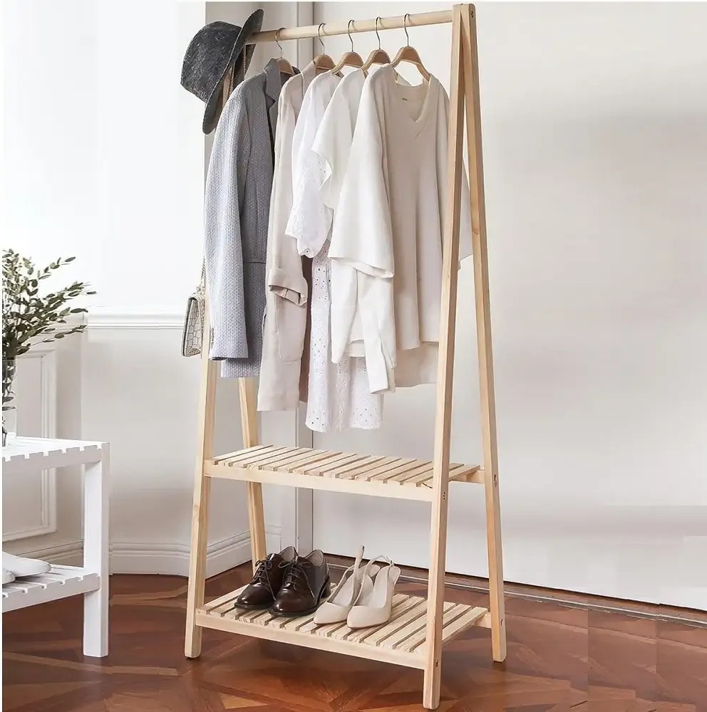 Suport pentru umerase,pantofar,2 rafturi si din lemn masif,natur,148 cm