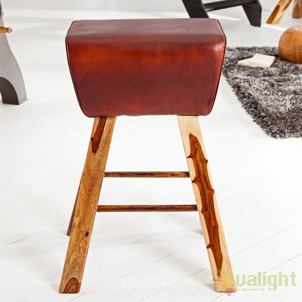 Scaun de bar cu design inspirat din echipamentul sportiv, picioare din lemn si piele, Bock Leder A-36815 VC