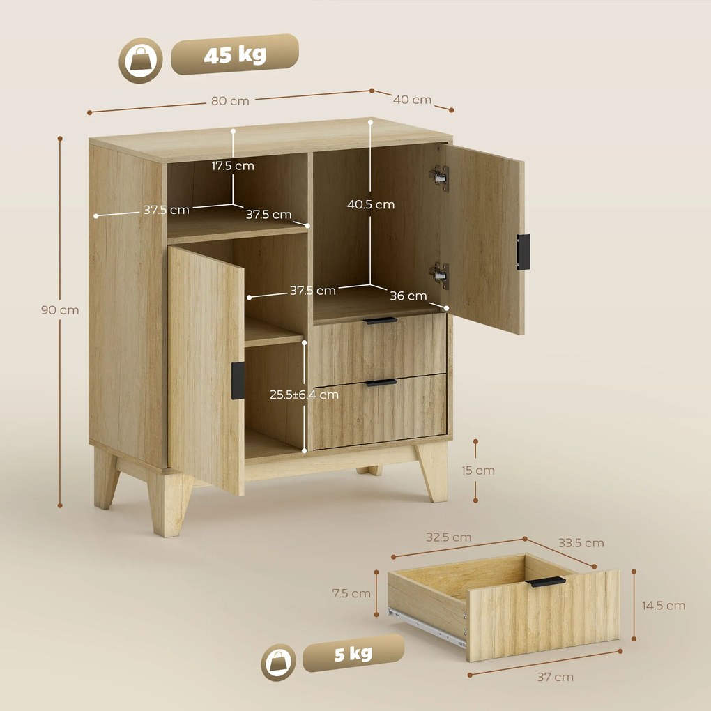 HOMCOM Bufet living, mobilier de depozitare, 2 uși, 2 sertare, raft reglabil, compartiment deschis, 80x40x90cm, lemn natural | Aosom Romania