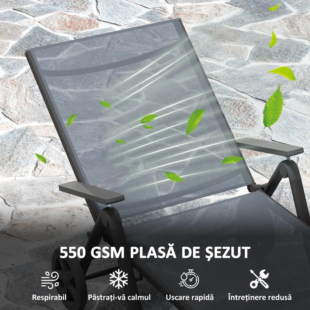 Outsunny Șezlong Pliabil cu Roți și Spătar Reglabil în 5 Poziții, 72x158x84 cm, Gri | Aosom Romania