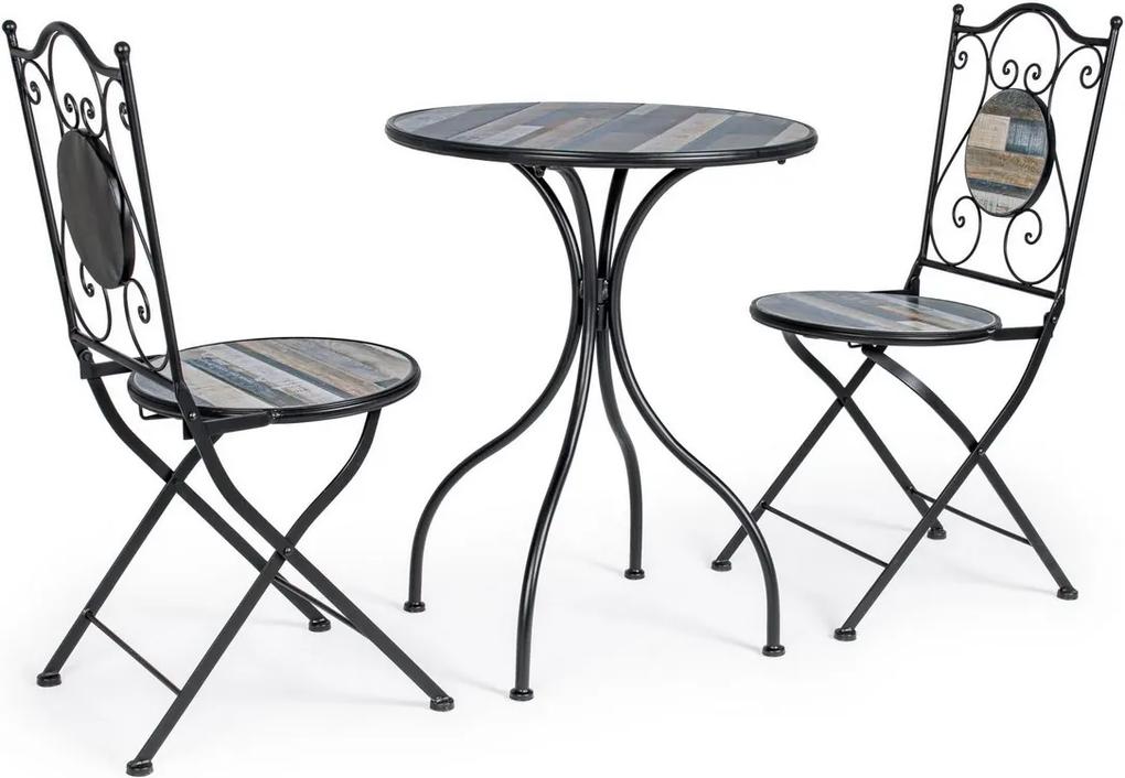Set 2 scaune pliabile si 1 masa din fier negru si ceramica multicolora Huston 38 cm x 38 cm x 92 h x 46 h1