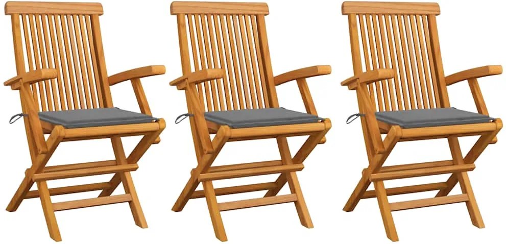 vidaXL Scaune de grădină cu perne gri, 3 buc., lemn masiv de tec