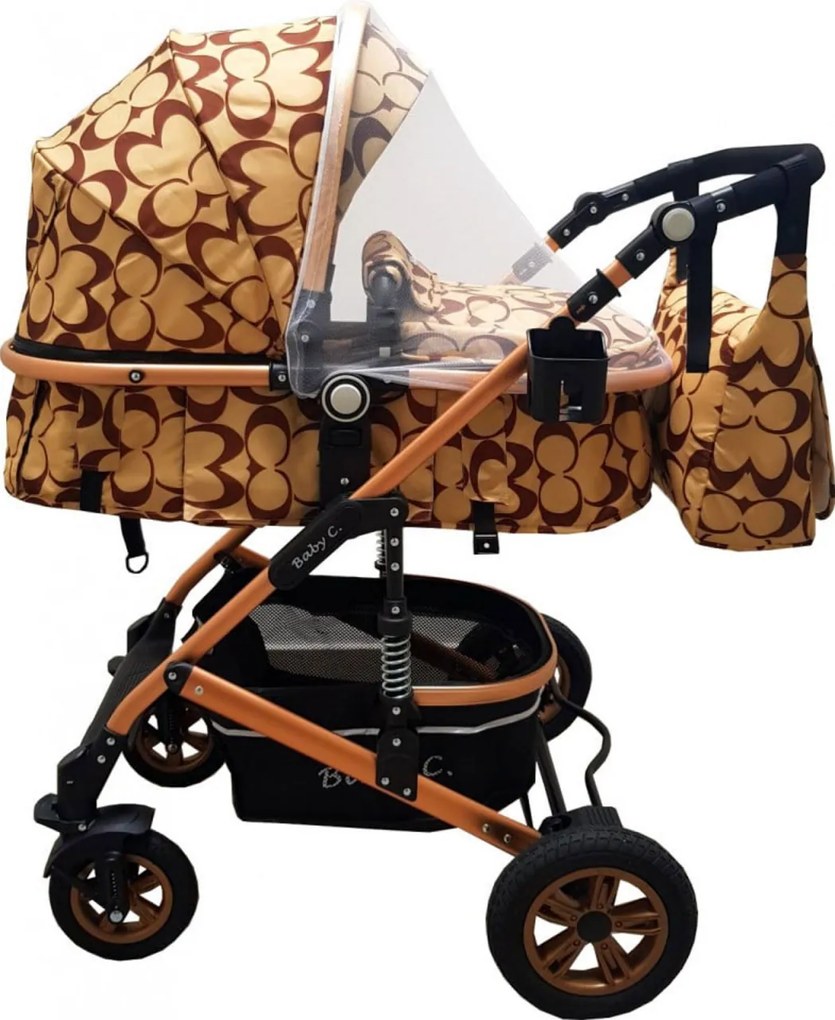 Carucior nou nascuti 3 in 1 Baby Care™ PRO 531, Cu geanta bebe, Cadru Aluminiu Gold , Amortizoare, Roti din cauciuc plin AVE, Landou, Scoica auto,