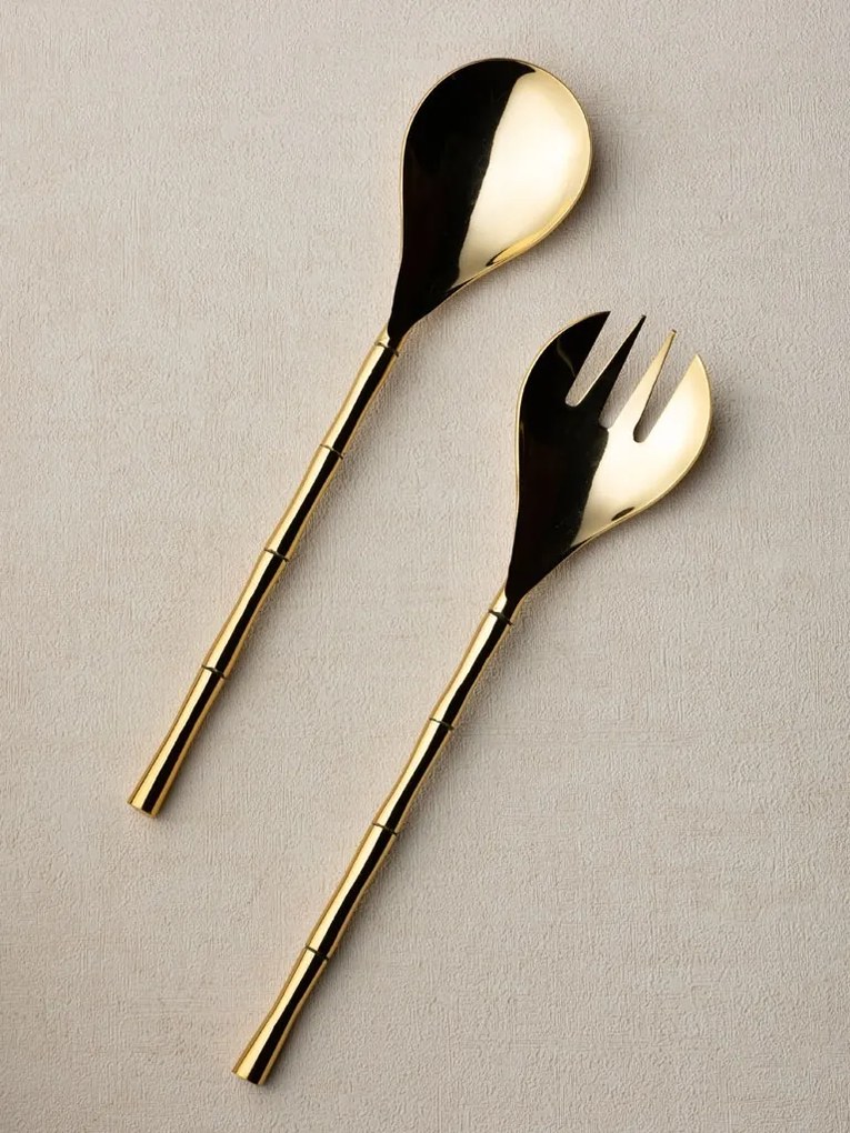 Set 2 ustensile servire salata, din otel, cu manere din alama, Bamboo