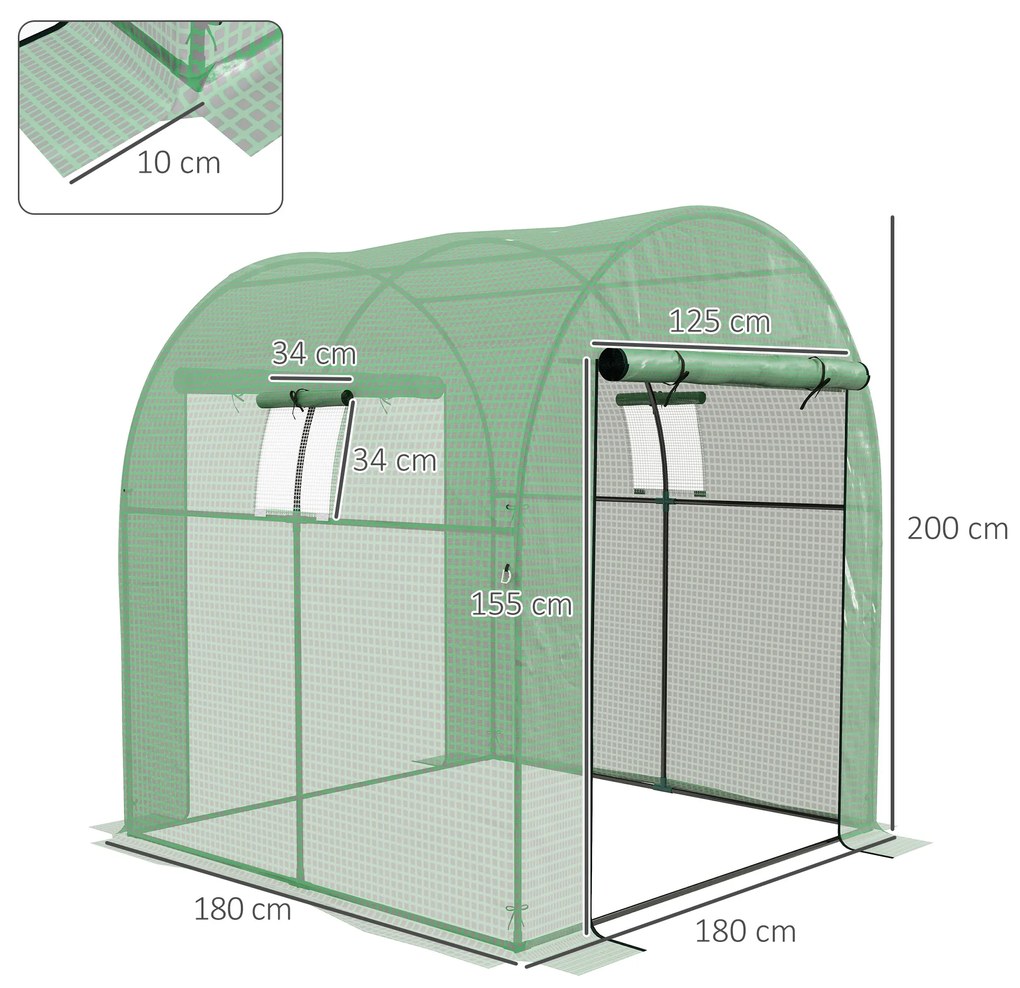 Outsunny Seră Tip Tunel din Polietilenă Cu Uși și Ferestre din Plasă, Cort cu Capac din PE și Cadru de Oțel, Verde 1,8x1,8x2 m | Aosom Romania