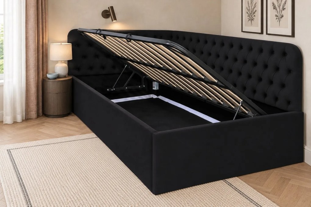 Pat tapițat pentru copii din catifea Elyra 140×200 cm, negru, colț dreapta, cu ladă de depozitare