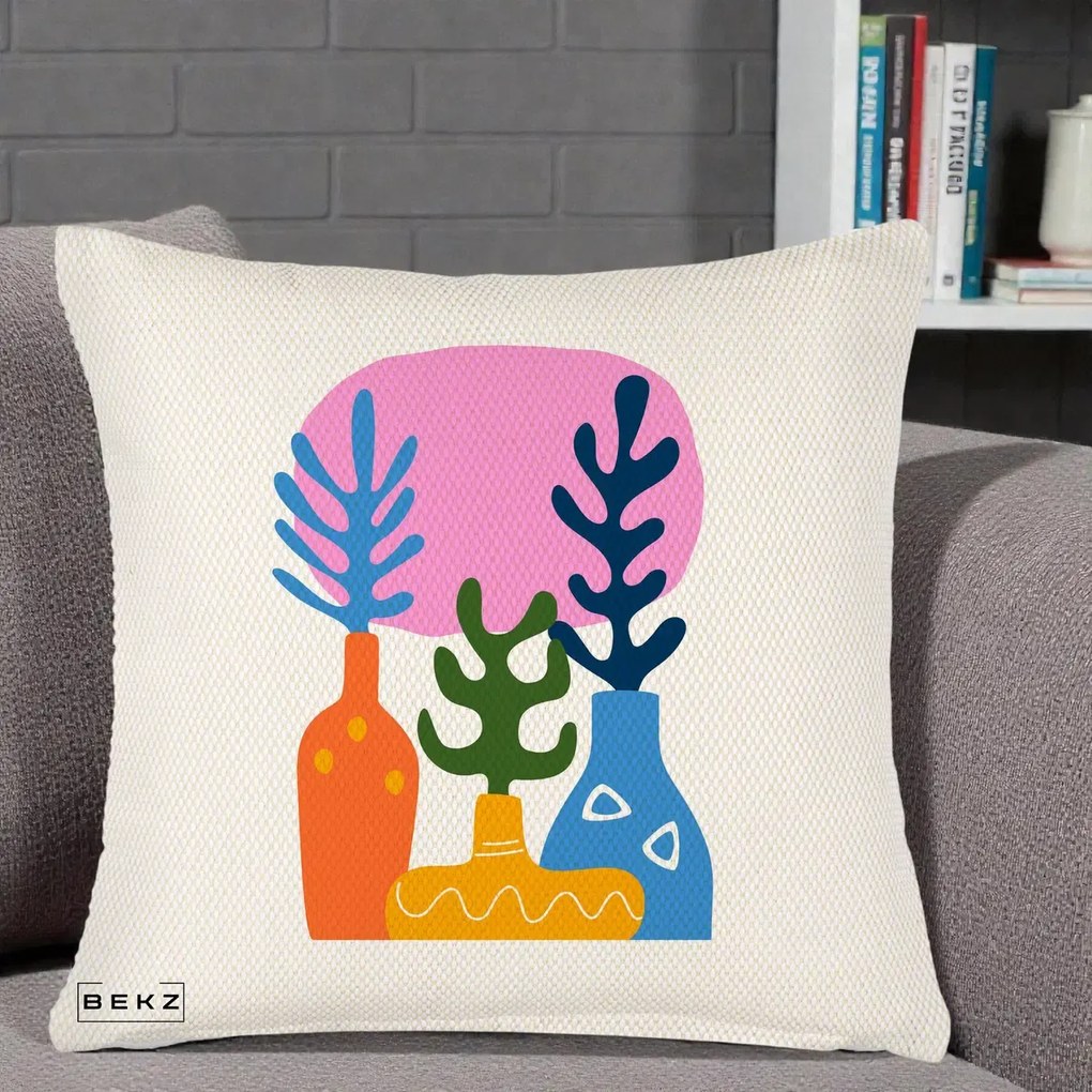 Perna Decorativa Vaze Botanice Abstract, 40x40 cm, Crem Reliefat, Husa Detasabila, Perna Inclusa, BEKZ®