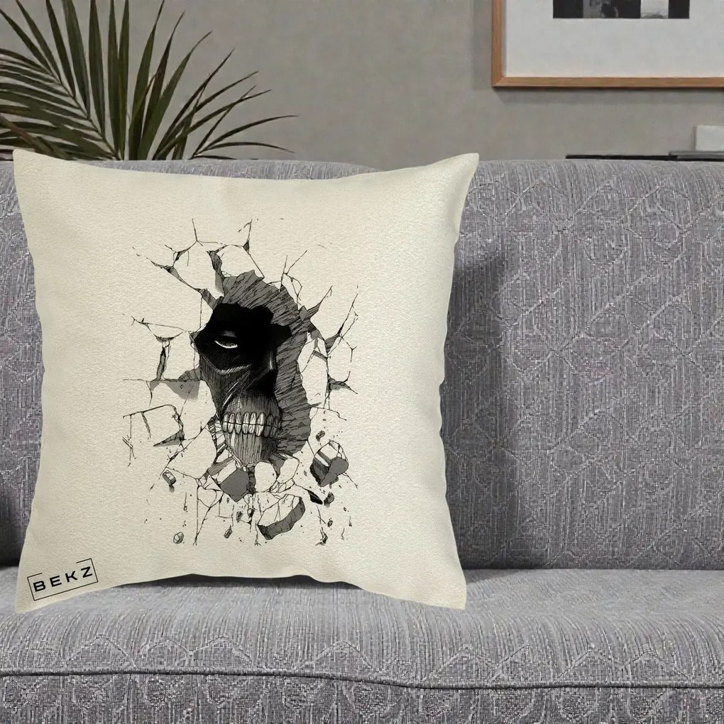 Perna Personalizata Attack on Titan Titan Crapand Zidul, 40x40 cm, Ecru, Husa Detasabila, Perna Inclusa, BEKZ®