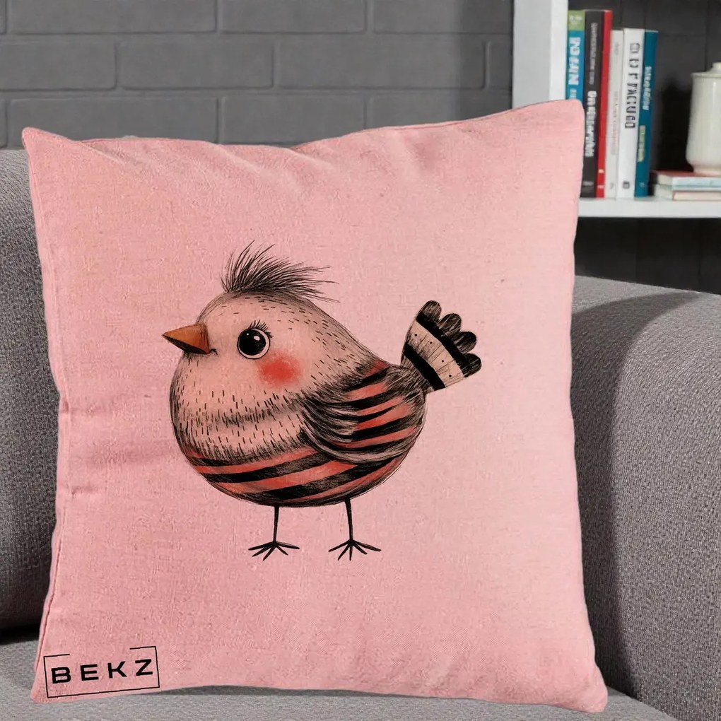 Perna Decorativa Pui Expresiv Dungi Negru-Rosu, 40x40 cm, Roz, Husa Detasabila, Perna Inclusa, BEKZ®