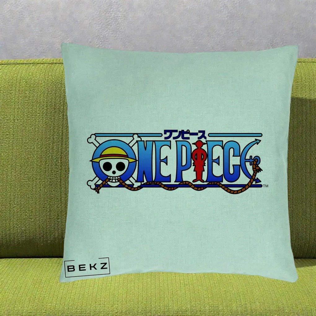 Perna Personalizata One Piece Clasic Albastru, 40x40 cm, Verde Menta, Husa Detasabila, Perna Inclusa, BEKZ®