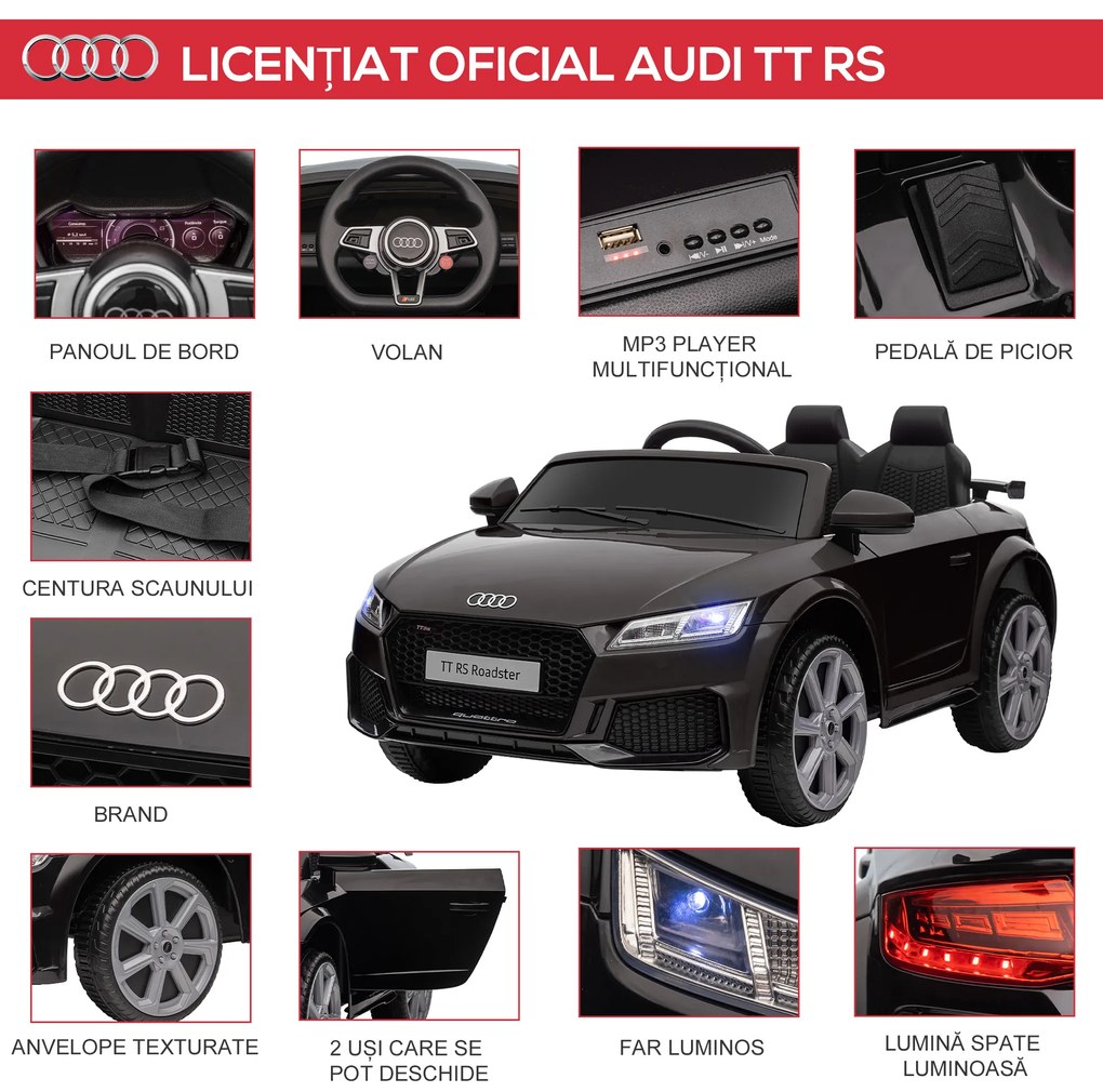 HOMCOM Masina Electrica pentru Copii AUDI TT, Auto Electrica pentru Copii 3-5 Ani cu Telecomanda, USB, Portiere care se deschid si Faruri LED, Negru