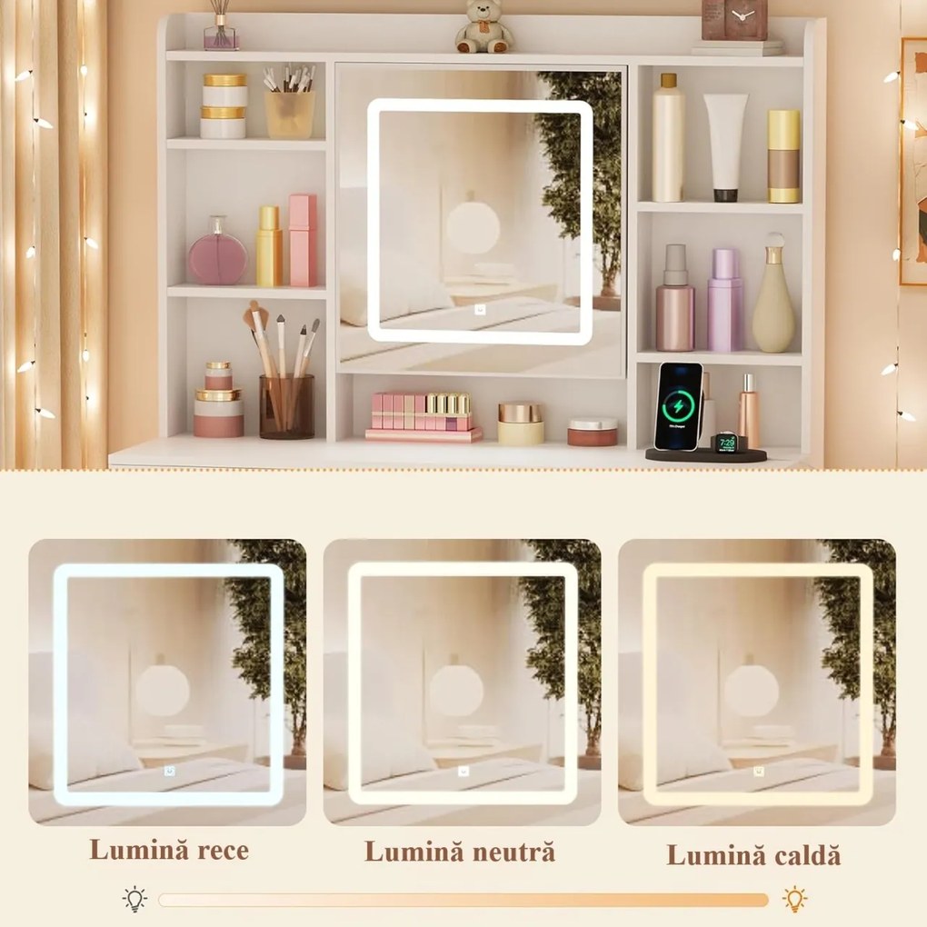 Masuta machiaj cu Oglinda LED si 9 Sertare pentru Cosmetice, Set Masa toaleta 110 cm, Alb, masuta cosmetica, vanity - SEA824