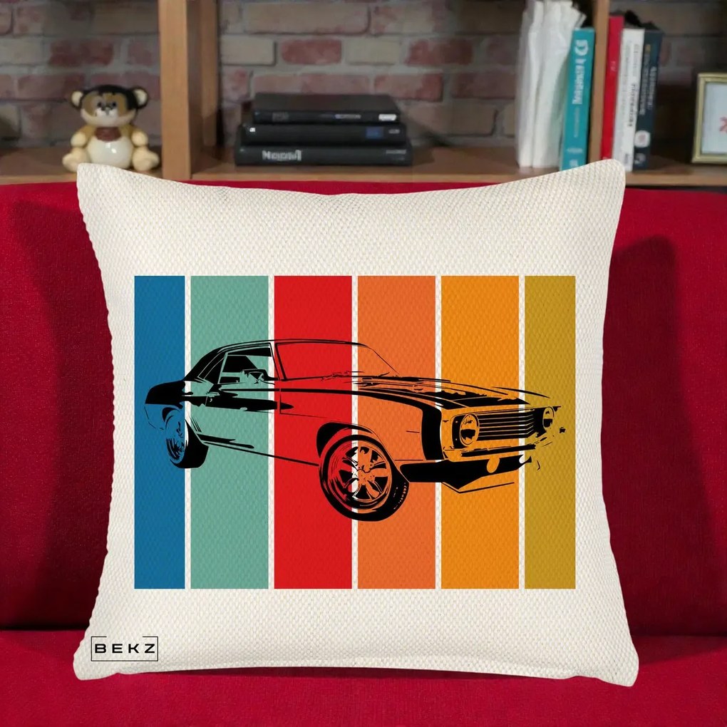 Perna Personalizata Masina Retro Muscle Car Grafic, 40x40 cm, Crem Reliefat, Husa Detasabila, Perna Inclusa, BEKZ®