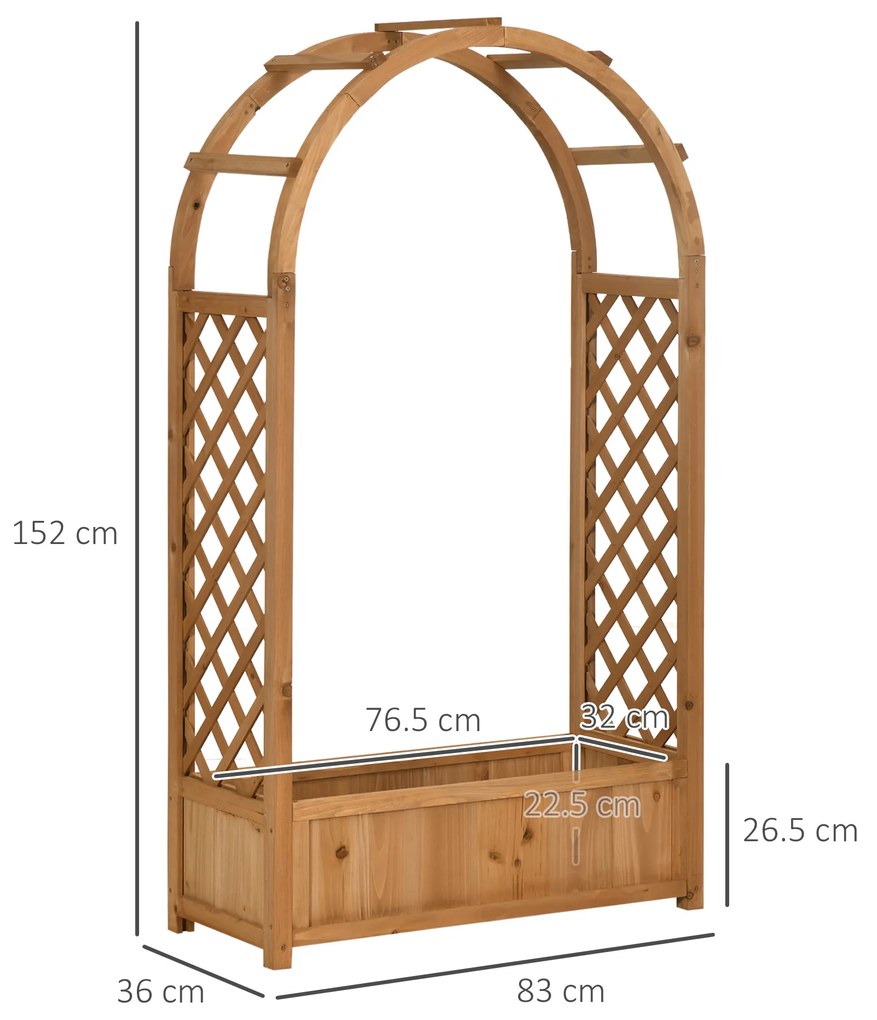 Outsunny Jardiniera de exterior din lemn de brad maro cu arc decorativ si grile pentru plante cataratoare, 83x36x152cm | Aosom Romania