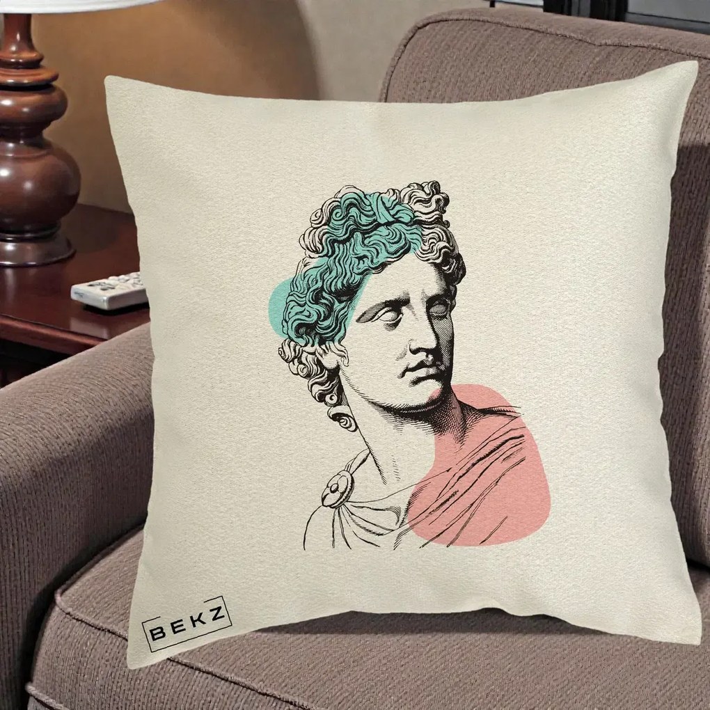 Perna Decorativa Bust Grec Vaporwave, 40x40 cm, Ecru, Husa Detasabila, Perna Inclusa, BEKZ®