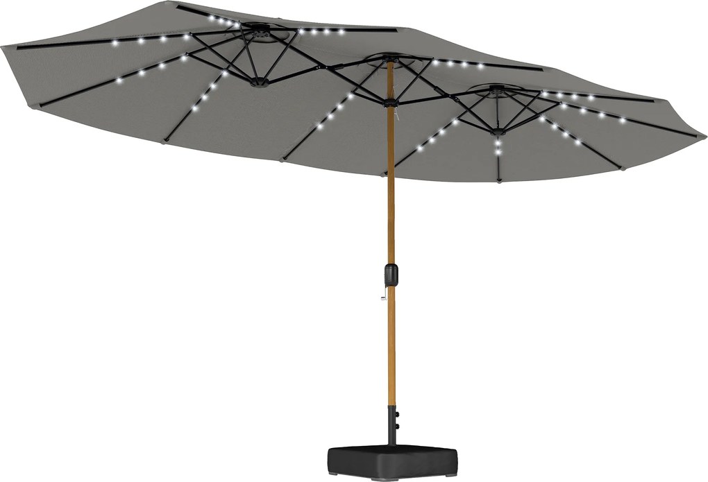 Outsunny Umbrelă dublă de grădină 4,6x2,6 m cu 48 LED-uri, bază inclusă, manivelă, saci de nisip, protecție UV, gri deschis | Aosom Romania